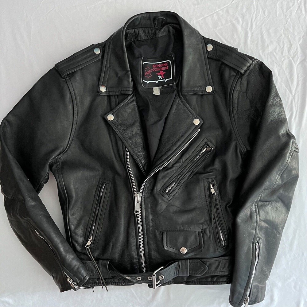 Vintage First Genuine Cowhide Leather Motorcycle Biker Jacket Black Mens 40